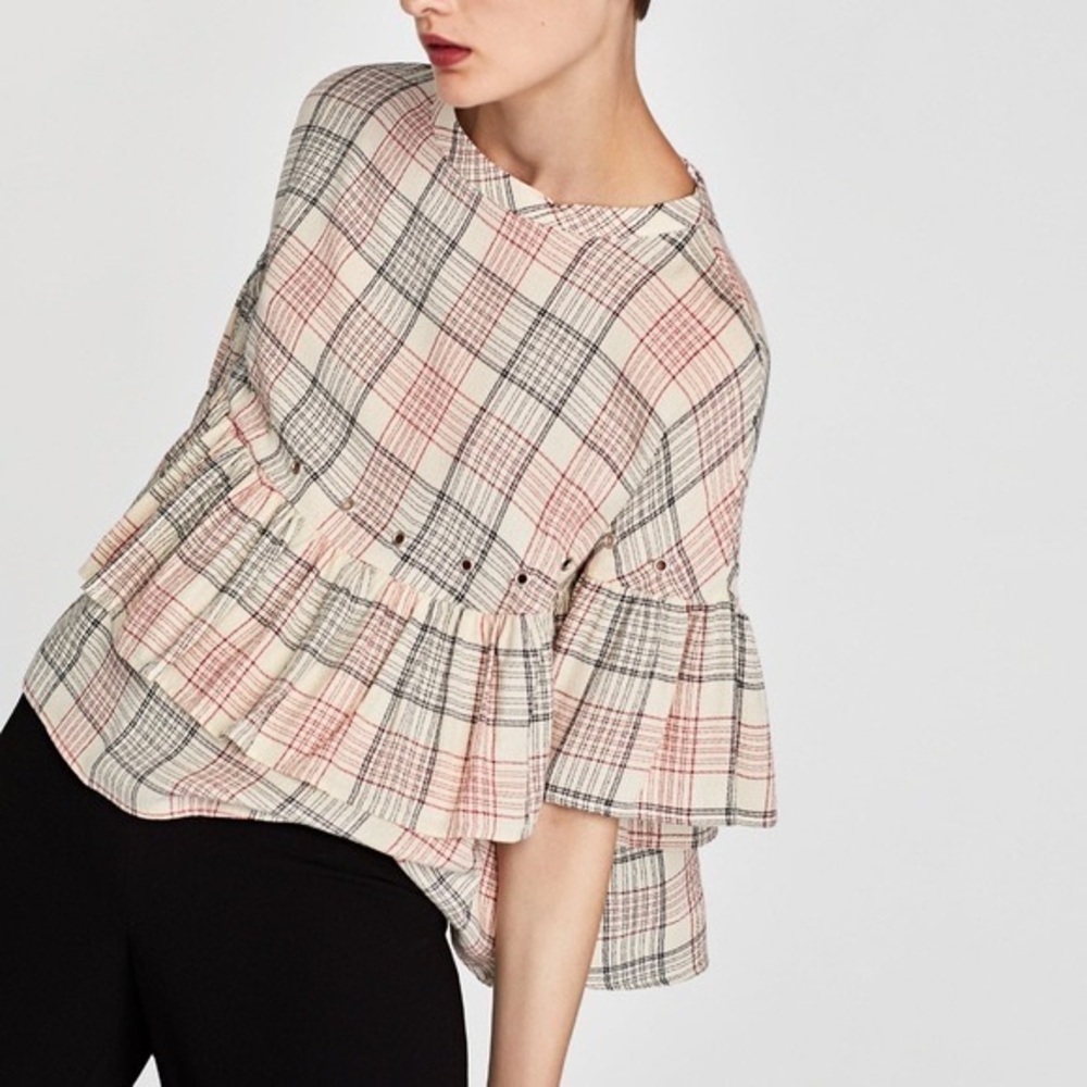 NWOT Zara Flowy Ruffle Checked Top w/ Metal Eyelets